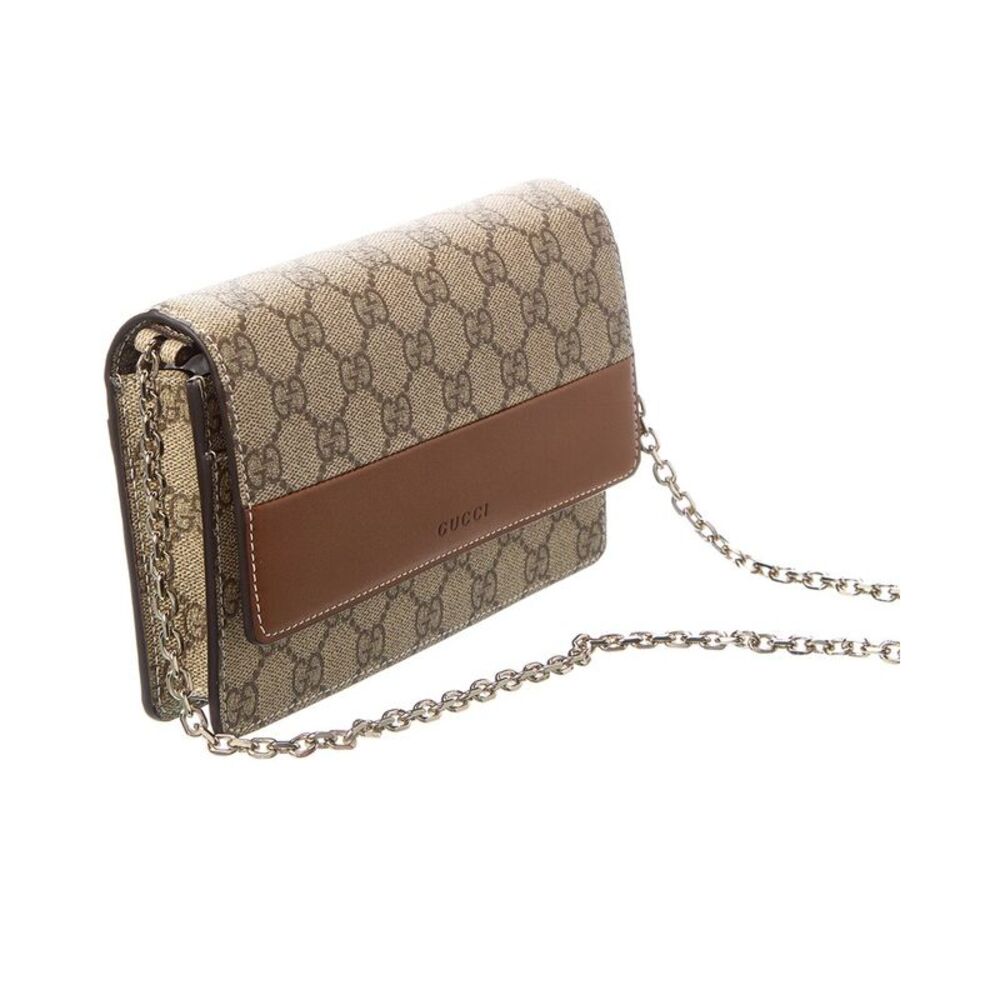 Gucci Gg Emblem Gg Supreme Canvas & Leather Wallet On Chain, Brown - Picture 3 of 4